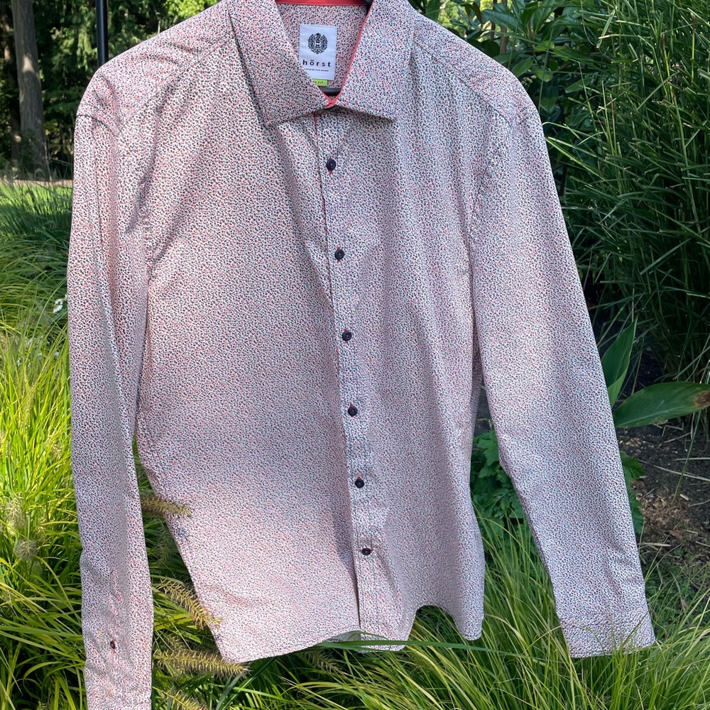 Men's Casual Button Down Shirt with Red Pattern